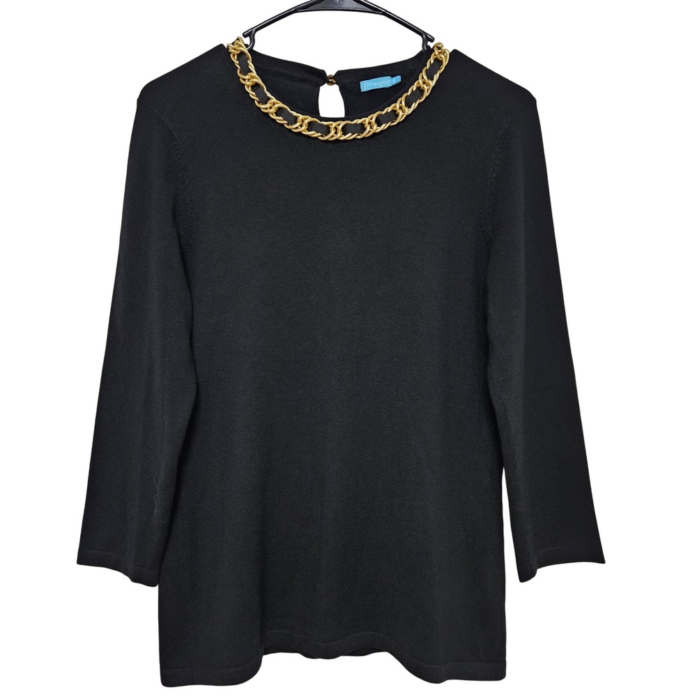 J McLaughlin‎ Black Knit Top Gold Chain Neckline Preppy Classic Quiet Luxury